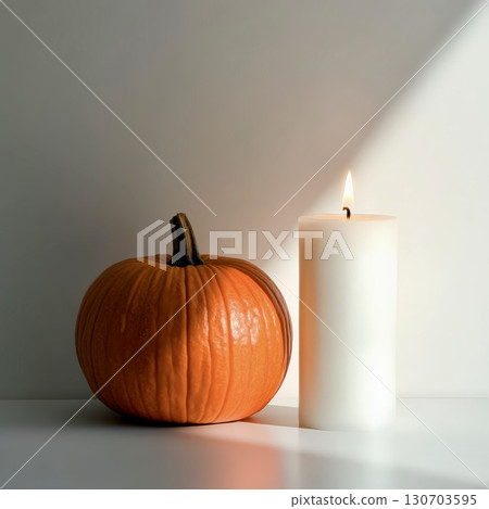 Pumpkin with candle minimal cozy autumn lifestyle seasonal decor 130703595