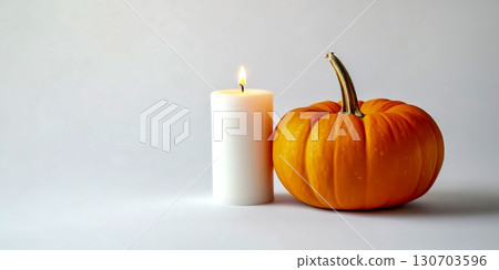 Minimal pumpkin candle decor cozy autumn lifestyle seasonal design 130703596