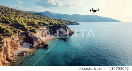Scenic aerial coastline boat ocean blue water travel destination 130703602