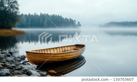 Wooden boat lake calm water peaceful travel scenic destination Wooden boat lake calm water peaceful travel scenic destination 130703607