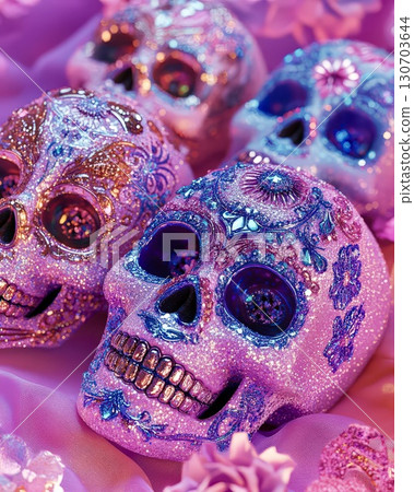 Closeup sugar skulls detailed texture Mexican holiday vibrant style 130703644