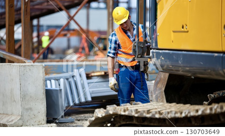 Construction worker wearing yellow helmet industrial site Construction worker wearing yellow helmet industrial site 130703649