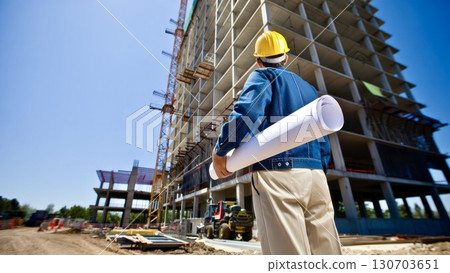 Skilled construction worker with helmet building project Skilled construction worker with helmet building project 130703651