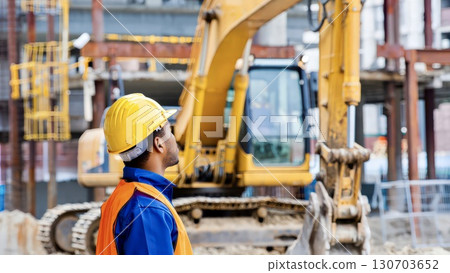 Construction site worker operating heavy equipment safely Construction site worker operating heavy equipment safely 130703652