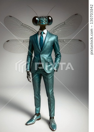 A humanoid dragonfly in a shimmering teal-silver suit and opal shoes stands upright, wings aglow. Futuristic, hyper-detailed studio shot highlights elegance, contrast, and surreal refinement 130703842