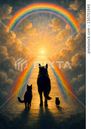 Silhouettes of a cat, dog, and rat walk up a glowing rainbow bridge into golden clouds. Peaceful, emotional scene evokes hope, reunion, and farewell in dreamlike cinematic light. 130703848