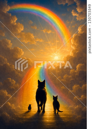 Silhouettes of a cat, dog, and rat walk up a glowing rainbow bridge into golden clouds. Peaceful, emotional scene evokes hope, reunion, and farewell in dreamlike cinematic light. 130703849