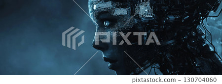 Technology background featuring a robotic face with digital patterns and cybernetic enhancements 130704060