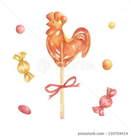 Sugar Lollipop Cockerel on a Stick. Watercolor illustrations of caramel lollipops, candies, and dragees. Traditional sweets. Vintage-style print for clothing, souvenirs, and holiday cards. 130704414