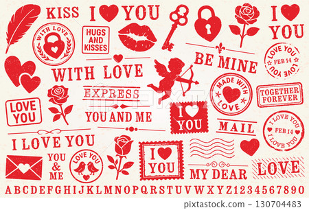 Vintage Love And Romance Grunge Stamp Vector Set. Includes Hearts, Roses, Cupid, Keys, Envelopes, And Romantic Messages. Valentine's Day Designs, Wedding Invitations. Isolated Vector illustration.  130704483