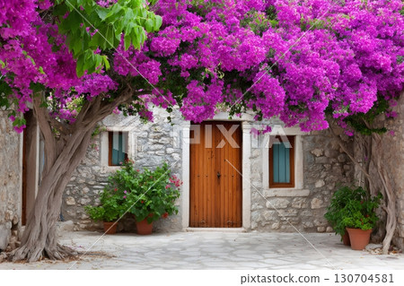 Blooming bougainvillea decorating traditional stone house in mediterranean village 130704581