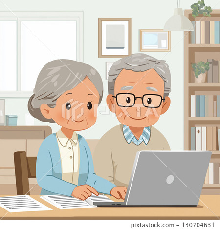 Illustration for tax return information poster: Senior couple completing procedures on a computer 130704631