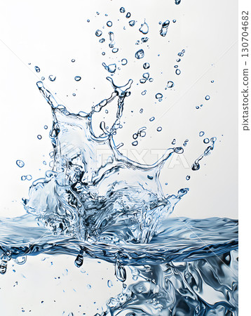 Water flow with splashes. Illustration of transparent sparkling liquid. Background for design 130704682