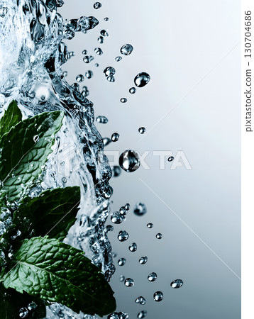Green leaves with water flow. Plants in transparent splashes. Illustration of liquid for design 130704686