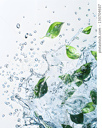 Green leaves with water flow. Plants in transparent splashes. Illustration of liquid for design 130704687