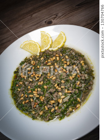 Spinach or Sabanekh with chicken a Mediterranean dish served with rice 130704766