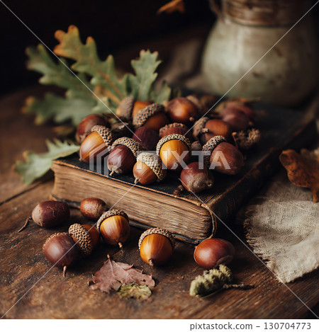 A vintage background featuring acorns and autumn leaves 130704773