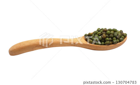 Side view of mung beans placed in a wooden spoon isolated on white background. Perfect for organic food concepts 130704783