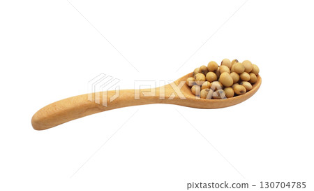 Wooden spoon filled with soybeans isolated on clean white background, suitable for concepts of nutrition 130704785