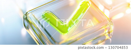 Minimalist abstract glowing green checkmark in transparent panel floating in white space. Survey research answer checklist Minimalist abstract glowing green checkmark in transparent panel floating in white space. Survey research answer checklist 130704853