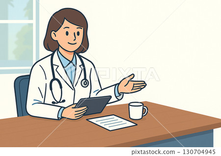 Illustration of a female doctor explaining test results at a desk with copy space on the right 130704945