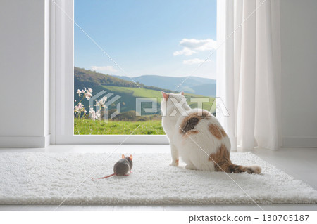 the cat and mouse sitting on the carpet 130705187
