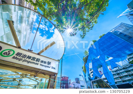 Tokyo cityscape in Japan, including contrails, Meiji-Jingumae (Harajuku) Station, and the Jingumae intersection. Tokyo cityscape in Japan, including contrails, Meiji-Jingumae (Harajuku) Station, and the Jingumae intersection. 130705229