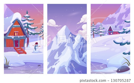 Nature winter landscape. Horizontal banners collection. Cold season background. Snowy trees and mountains. Wooden house in forest. Christmas vacations outdoors, vector cartoon isolated illustration 130705287