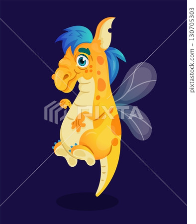 Cartoon alien. Funny monster character. Flying strange beast. Cute animal with wings. Fantasy spotted troll. Fairytale creature. Fantastic furry goblin. Mythic little devil. Vector kids illustration 130705303