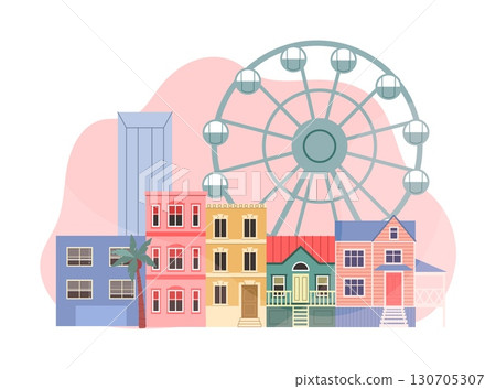 Cityscape. Urban landscape. Different colorful buildings and homes. Skyscraper and Ferris wheel in amusement park. Architectural minimal panorama, vector cartoon flat isolated modern illustration 130705307