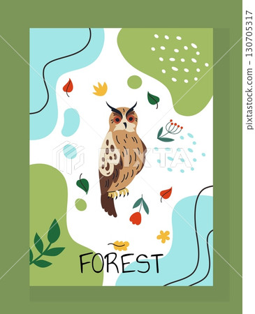 Forest bird. Owl on abstract flowers and leaves background. Wildlife ornithology mascot, knowledge sign. Print and poster design. Adorable character. Vector cartoon flat style isolated illustration 130705317