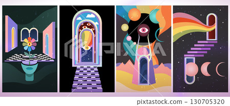 Psychedelic poster. Space abstract background. Geometric retro objects. Portal arch with ladder. Surreal universe window. Groove pattern layout. Rainbow and magic eye. Vector trendy graphic cards set 130705320