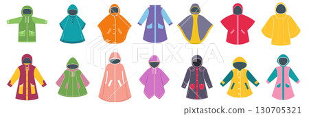 Raincoat icons set. Waterproof clothes logo. Hooded rainwear design. Outerwear fashion element. Autumn spring symbols. Vector protection from rain and wind, cartoon flat style isolated illustration 130705321