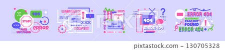 404 sign. Error icon. Computer warning symbols. Cartoon Memphis text message. Caution exclamation mark. Digital geometry comic in windows. Not fount page. Vector garish website failure banners set 130705328