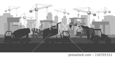 Construction machinery silhouettes. Heavy equipment. Excavator and building crane. Dump truck. Digger vehicles. Mining site background. Industrial skyline road. Vector garish architecture landscape Construction machinery silhouettes. Heavy equipment. Excavator and building crane. Dump truck. Digger vehicles. Mining site background. Industrial skyline road. Vector garish architecture landscape 130705331