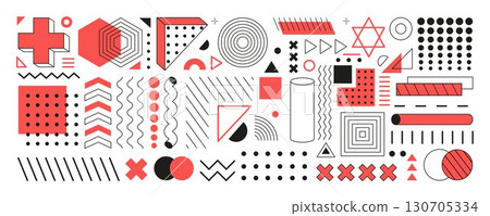 Shape design. Geometric texture. Pattern of dot. Element of line. Retro halftone form. Outline circle, minimal style square background. Red vintage figure. Vector simple tidy contemporary graphic 130705334