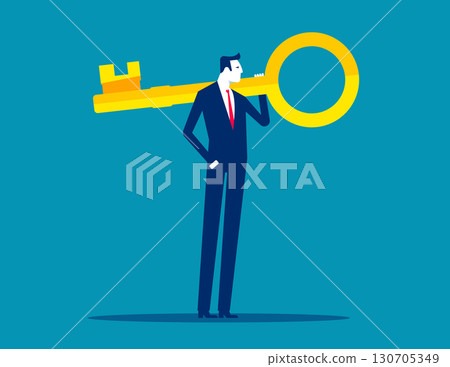 Businessman holding giant key on shoulder Businessman holding giant key on shoulder 130705349