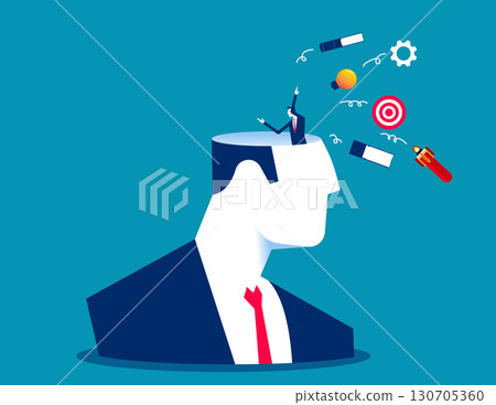 Unlearn. Businessman throw away books and knowledge from his brain open head 130705360