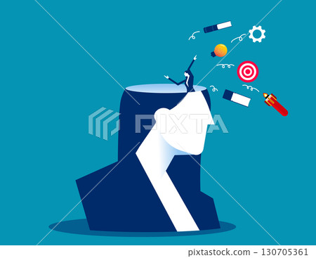 Unlearn. Businesswoman throw away books and knowledge from his brain open head 130705361