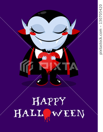 Halloween greeting card with cute cartoon Dracula vampire holding bloody heart. Vector illustration 130705420
