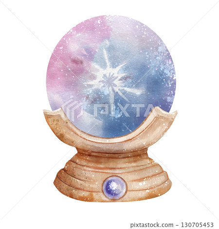 Watercolor illustration of a mystical crystal ball on a wooden stand with cosmic galaxy pattern. Perfect for fortune telling, magic, witchcraft, boho design and Halloween decor. 130705453