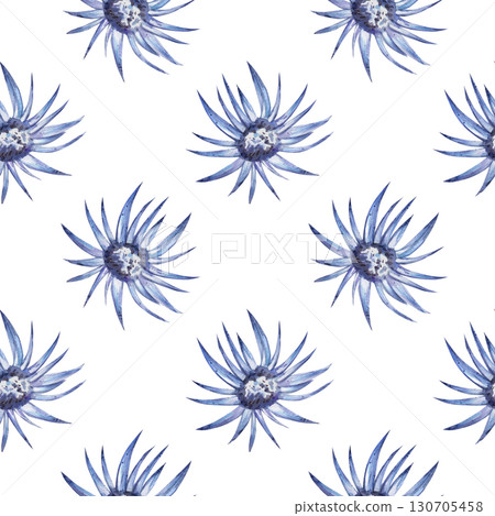 Seamless watercolor pattern with blue cornflower blossoms. Hand drawn, white background. Botanical illustration for textiles, postcards, invitations 130705458