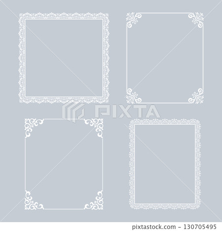Set of decorative frames Elegant vector element for design in Eastern style, place for text. Floral gray and white borders. Lace illustration for invitations and greeting cards Set of decorative frames Elegant vector element for design in Eastern style, place for text. Floral gray and white borders. Lace illustration for invitations and greeting cards 130705495