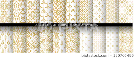Geometric floral set of seamless patterns. White and golden vector backgrounds. Damask graphic ornaments Geometric floral set of seamless patterns. White and golden vector backgrounds. Damask graphic ornaments 130705496