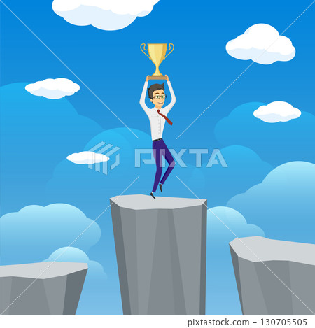 Businessman on top of cliff and holding golden cup Businessman on top of cliff and holding golden cup 130705505