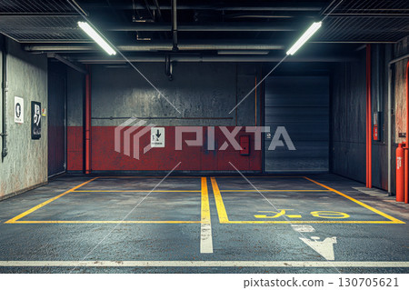 Empty underground parking garage interior with rough concrete walls and a red stripe. Fluorescent lights illuminate the dark industrial space with yellow parking lines. Empty underground parking garage interior with rough concrete walls and a red stripe. Fluorescent lights illuminate the dark industrial space with yellow parking lines. 130705621