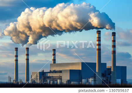 Industrial power plant with tall chimneys releasing thick plumes of white smoke into a dramatic blue sky. Environmental issue of air pollution from energy. 130705637