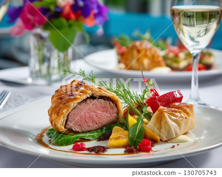Exquisite Beef Wellington  Golden Puff Pastry with Truffle Duxelles & Prosciutto in Fine Dining Style	 130705743