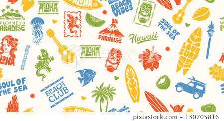 Hawaii aloha seamless pattern, vintage summer background, retro paradise island beach print design. Hawaii aloha seamless pattern, vintage summer background, retro paradise island beach print design. 130705816