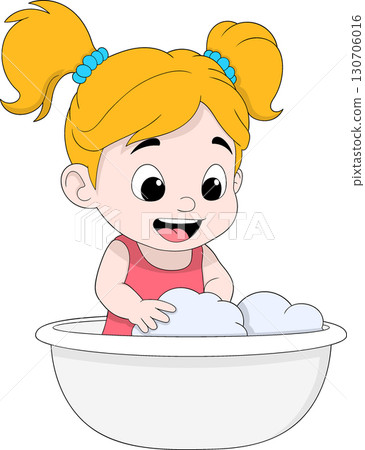 Blonde Little Girl Washing Hands at Sink for Hygiene Education 130706016